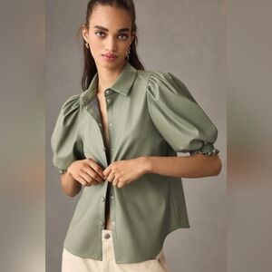 DOLAN Left Coast,  Puff-Sleeve Faux Leather Blouse, Moss, Size XS